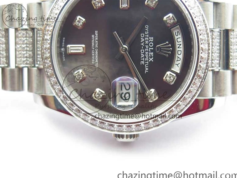 MiroTime 0309 SmoothTexture Day-Date 36mm 128239 SS Crystal BP Best Edition Black MOP Crystal Marker Dial on SS President Bracelet A 2681